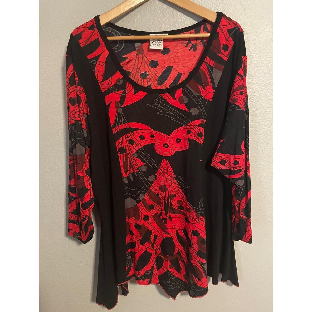 Parsley & Sage Shirt Womens 3X Black Red Abstract Print Tunic Top Rayon Stretch